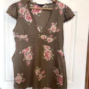 Chaudry Kc Boho Green V-Neck Floral Blouse With Tie, Size Large, #73